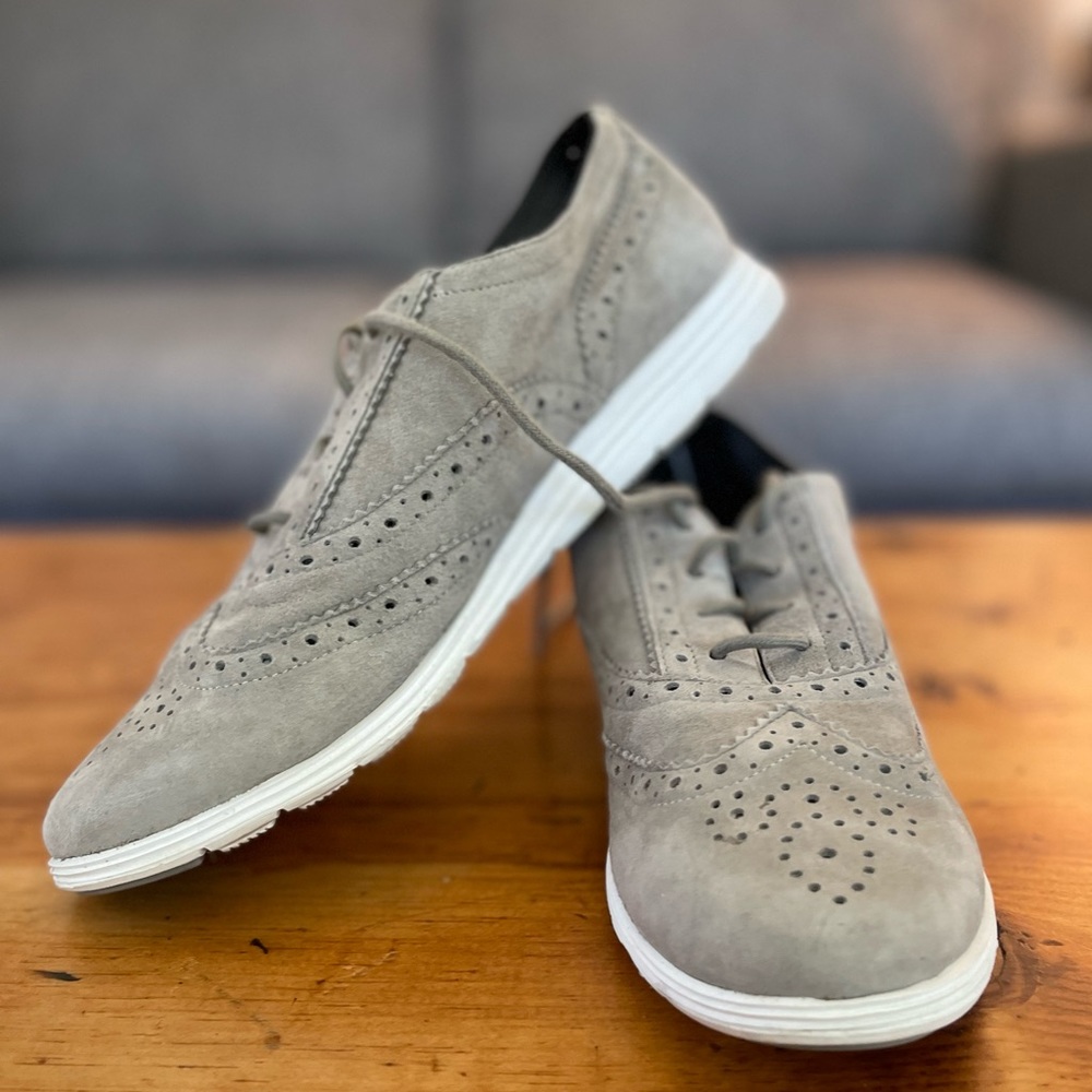 Lightly worn 8.5 grey suede oxford lace-ups from Cole Haan “Grand OS” collection